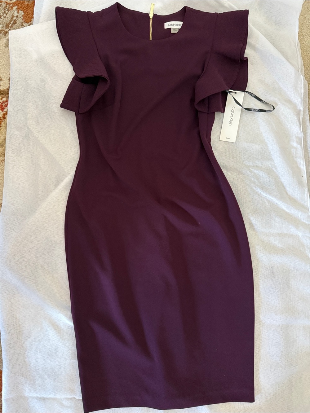 Calvin Klein Deep Plum Ruffle-Sleeve Midi Dress